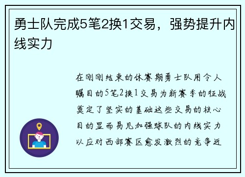 勇士队完成5笔2换1交易，强势提升内线实力