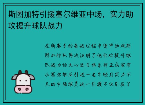 斯图加特引援塞尔维亚中场，实力助攻提升球队战力
