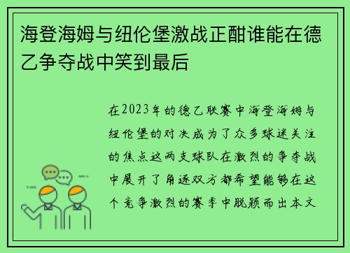 海登海姆与纽伦堡激战正酣谁能在德乙争夺战中笑到最后