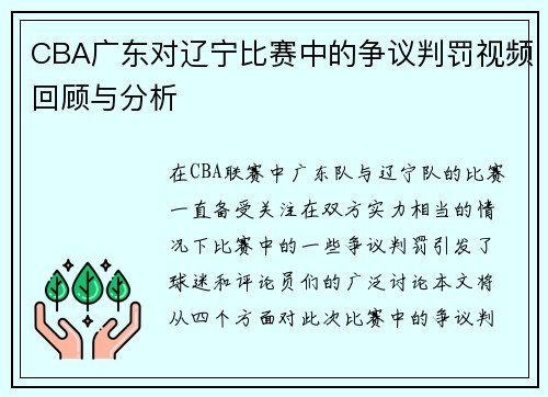 CBA广东对辽宁比赛中的争议判罚视频回顾与分析