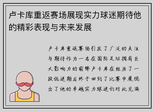 卢卡库重返赛场展现实力球迷期待他的精彩表现与未来发展