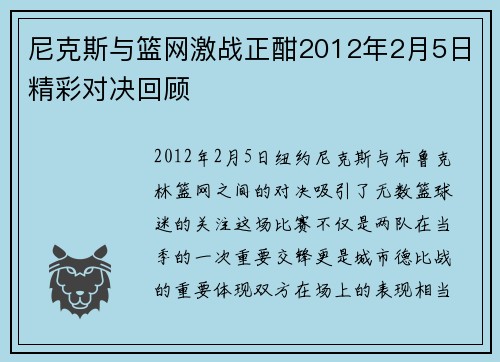 尼克斯与篮网激战正酣2012年2月5日精彩对决回顾