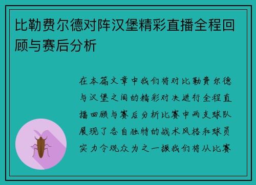 比勒费尔德对阵汉堡精彩直播全程回顾与赛后分析