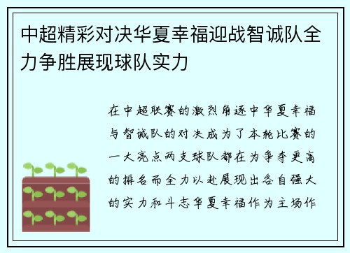 中超精彩对决华夏幸福迎战智诚队全力争胜展现球队实力