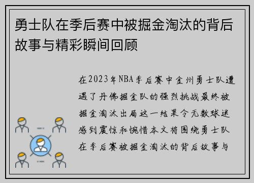勇士队在季后赛中被掘金淘汰的背后故事与精彩瞬间回顾