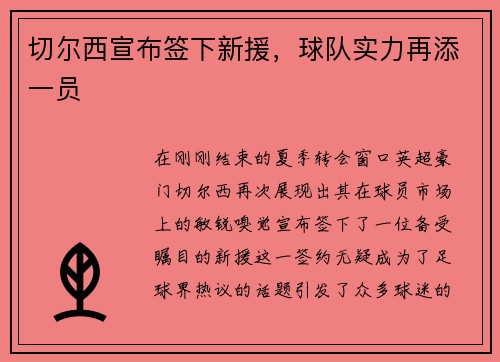 切尔西宣布签下新援，球队实力再添一员