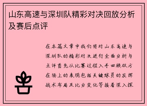 山东高速与深圳队精彩对决回放分析及赛后点评