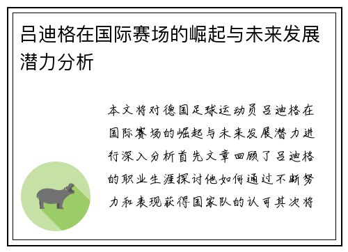 吕迪格在国际赛场的崛起与未来发展潜力分析