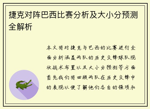 捷克对阵巴西比赛分析及大小分预测全解析