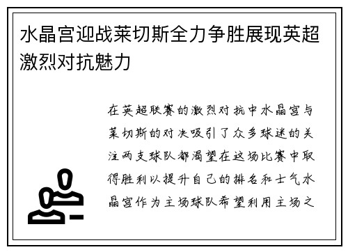 水晶宫迎战莱切斯全力争胜展现英超激烈对抗魅力
