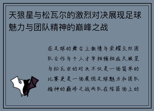 天狼星与松瓦尔的激烈对决展现足球魅力与团队精神的巅峰之战