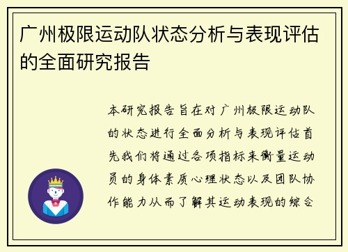 广州极限运动队状态分析与表现评估的全面研究报告