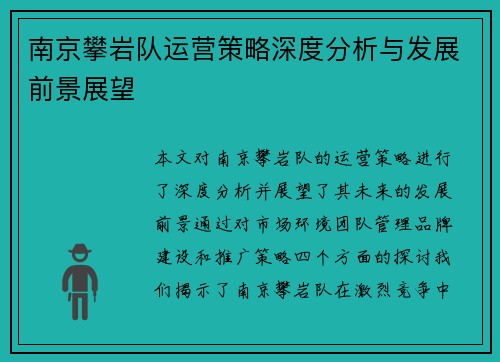 南京攀岩队运营策略深度分析与发展前景展望