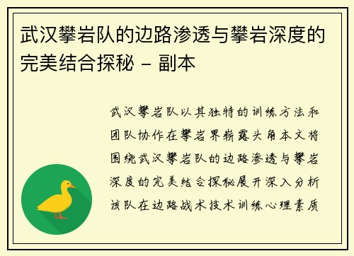 武汉攀岩队的边路渗透与攀岩深度的完美结合探秘 - 副本